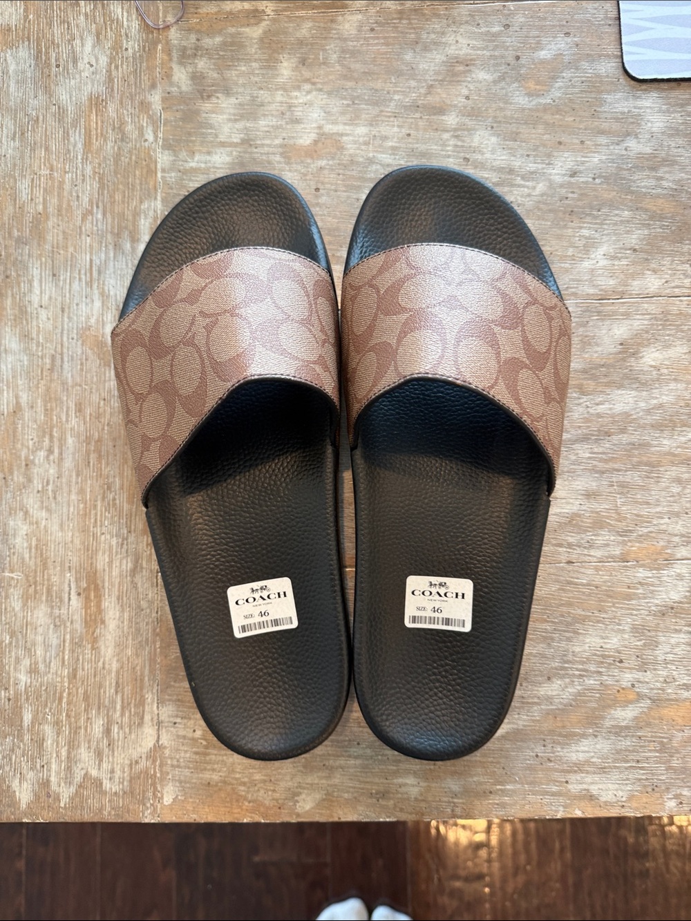Coach Tan Signature Monogram Slide Sandals with Black Footbed